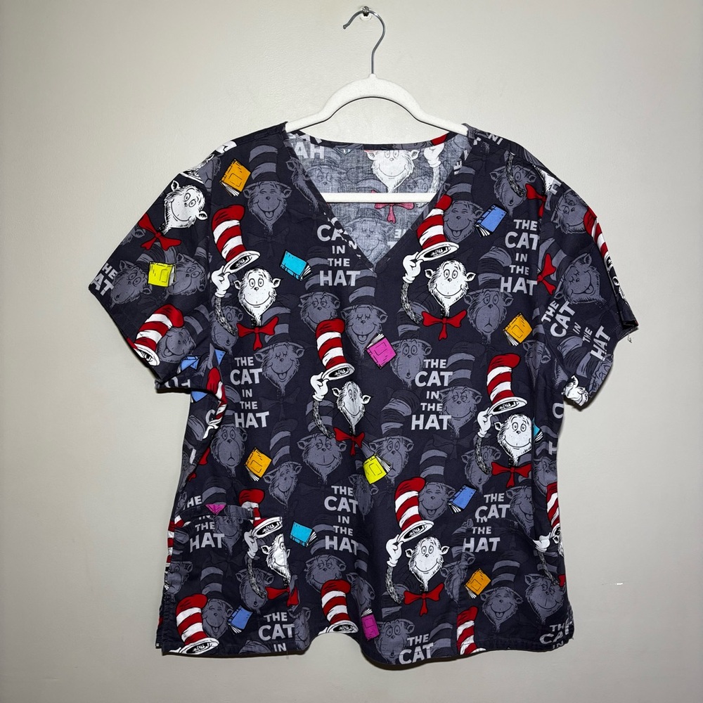 Dr. Seuss Cat in the Hat Scrub Top Gray Nurse Medical Cartoon 1X–2X Novelty